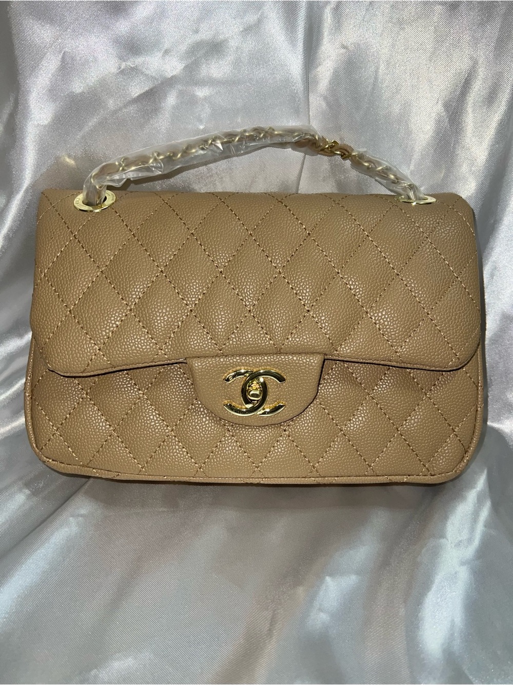 C-Quilted Top-Handle Flap Bag in Beige